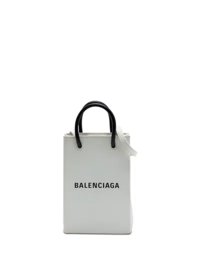 Pre-owned Balenciaga 2020 Mini Calfskin Logo Shopping Phone Holder Satchel In White