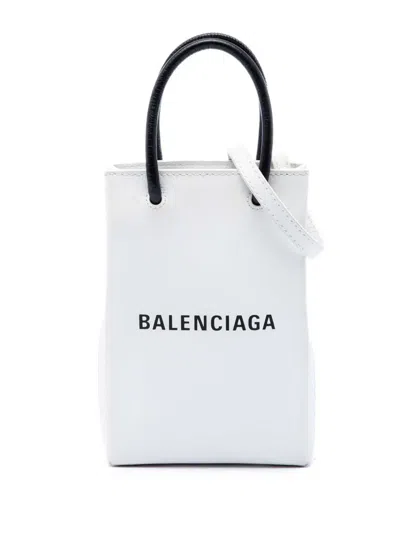 Pre-owned Balenciaga 2020 Mini Calfskin Logo Shopping Phone Holder Satchel In White