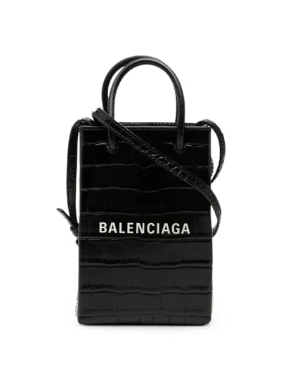 Pre-owned Balenciaga 2020 Mini Croc Embossed Leather Shopping Phone Holder Satchel In Black