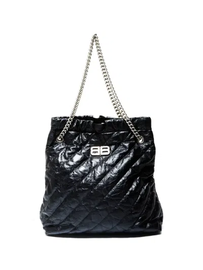 Pre-owned Balenciaga 2020s Crush Quilted Chain Tote Bag In Black