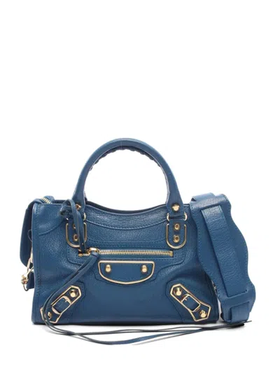 Pre-owned Balenciaga 2020s Mini City Metallic-edge Tote Bag In Blue