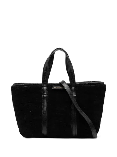 Pre-owned Balenciaga 2021-2022 Small Shearling And Leather Barbes East West Shopper Tote Satchel In Black