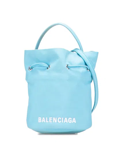 Pre-owned Balenciaga 2021-2025 Recycled Sport Nylon Embroidered Logo Wheel Drawstring Bucket Bag In Blue