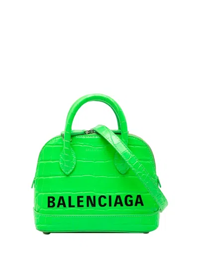 Pre-owned Balenciaga 2021 Croc Embossed Calfskin Ville Top Handle Bag Xxs Satchel In Green