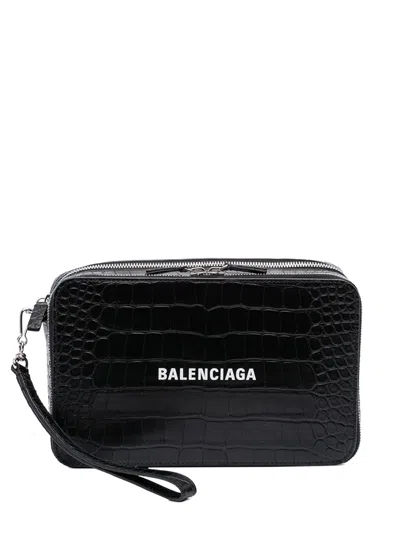 Pre-owned Balenciaga 2021 Croc Embossed Leather Wristlet Clutch Bag In Black
