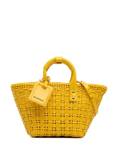 Pre-owned Balenciaga 2021 Faux Leather Bistro Panier Xs Satchel In Yellow