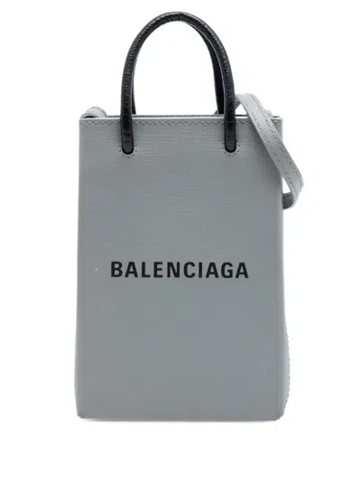 Pre-owned Balenciaga 2021 Mini Calfskin Logo Shopping Phone Holder Satchel In Gray
