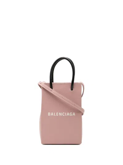 Pre-owned Balenciaga 2021 Mini Calfskin Logo Shopping Phone Holder Satchel In Pink