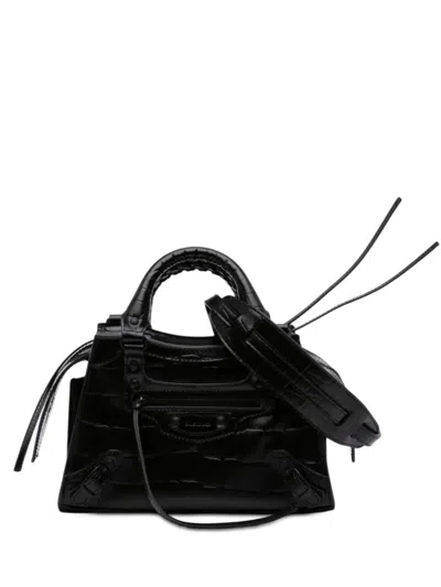 Pre-owned Balenciaga 2021 Mini Croc Embossed Calfskin Motocross Neo Classic City Satchel In Black