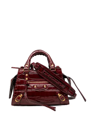 Pre-owned Balenciaga 2021 Mini Croc Embossed Calfskin Motocross Neo Classic City Satchel In Red