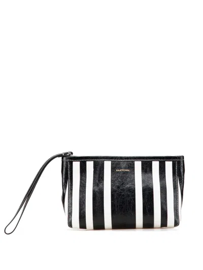 Pre-owned Balenciaga 2021 Small Lambskin Barbes Striped Patwork Zip Pouch Clutch Bag In Black