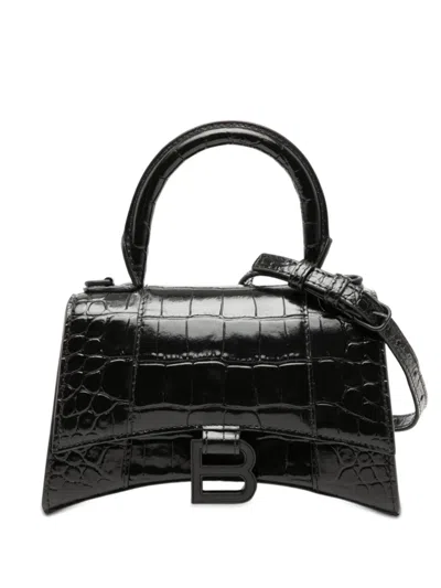 Pre-owned Balenciaga 2021-2023 Xs Croc Embossed Hourglass Top Handle Bag Satchel In Black
