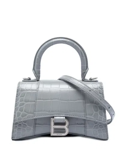 Pre-owned Balenciaga 2022 Croc Embossed Calfskin Hourglass Top Handle Bag Xs Satchel In Gray