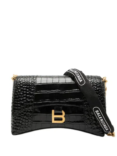 Pre-owned Balenciaga 2022 Croc Embossed Leather Downtown Xs Crossbody Bag In Black