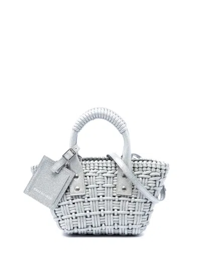 Pre-owned Balenciaga 2022 Metallic Faux Leather Bistro Basket Bag Xxs Satchel In Silver