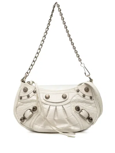 Pre-owned Balenciaga 2022 Mini Embossed Leather Motocross Le Cagole Satchel In White
