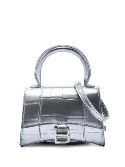 Pre-owned Balenciaga 2022 Mini Metallic Croc Embossed Calfskin Hourglass Top Handle Bag Satchel In Silver