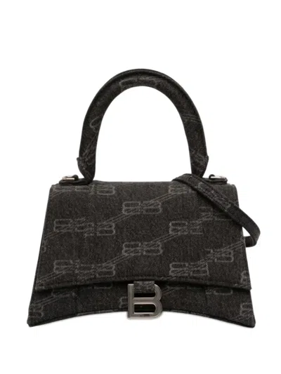 Pre-owned Balenciaga 2022 Small Bb Monogram Denim Hourglass Top Handle Bag Satchel In Black