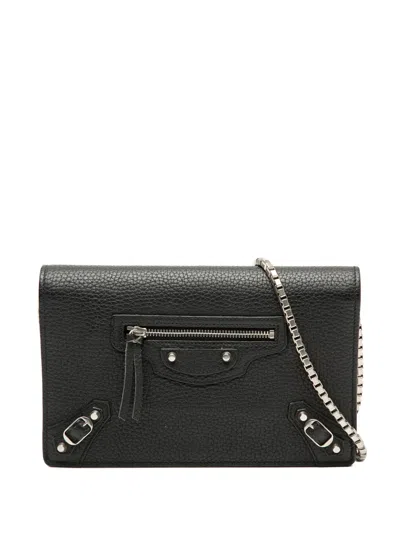 Pre-owned Balenciaga 2024 Leather Metal Plate City Wallet On Chain Crossbody Bag In Black