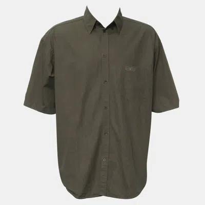 Pre-owned Balenciaga 22ss Back Flag Embroidered Green Cotton Short Sleeve Shirt