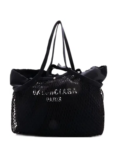 Pre-owned Balenciaga 24/7 Drawstring Mesh And Canvas Medium Tote Bag In Black