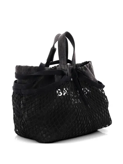 Pre-owned Balenciaga 24/7 Drawstring Mesh And Denim Medium Tote Bag In Black