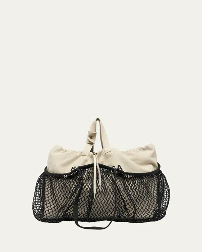 Balenciaga 24/7 Medium Washed Canvas And Fishnet Tote Bag In Washed Natblkl Blk