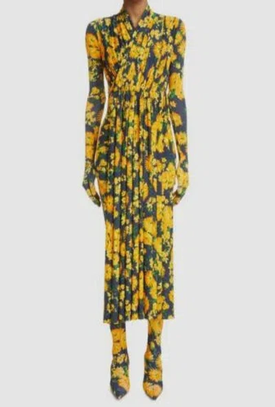 Pre-owned Balenciaga $3190  Women's Yellow Hybrid Glove Sleeve Jersey Dress Size 36