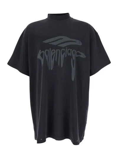 BALENCIAGA BALENCIAGA '3B LIQUEFIED' GREY T-SHIRT WITH LOGO ON THE FRONT AND DISTRESSED EFFECT IN COTTON MAN