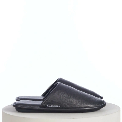 Pre-owned Balenciaga 595$ Men's Black Leather Soft Mule Slippers - Logo Tag