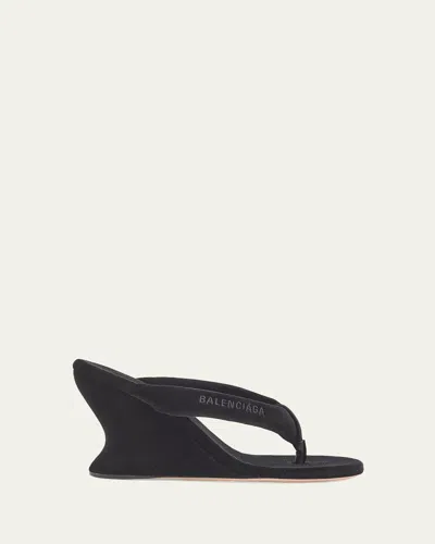 Balenciaga 90mm Gaeta Velvet Wedge Thong Sandals In Black