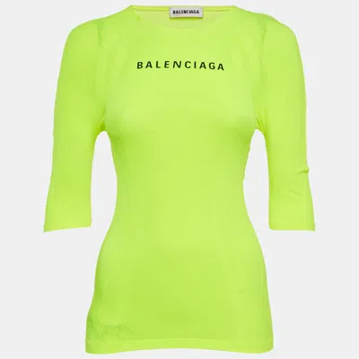 Pre-owned Balenciaga Acid Green Logo Print Mesh Jersey Fitted Top S