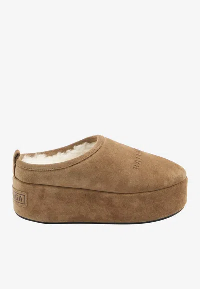 Balenciaga Alaska Soft Platform Suede Mules In Brown