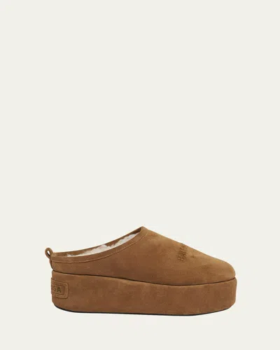 Balenciaga Alaska Suede Faux Shearling Mules In Brown