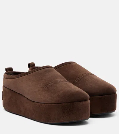 Balenciaga Alaska Suede Platform Mules In Brown