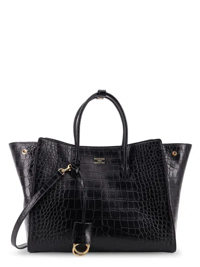 Balenciaga All Hampton Small Leather Shoulder Bag With Croco Effect In Black