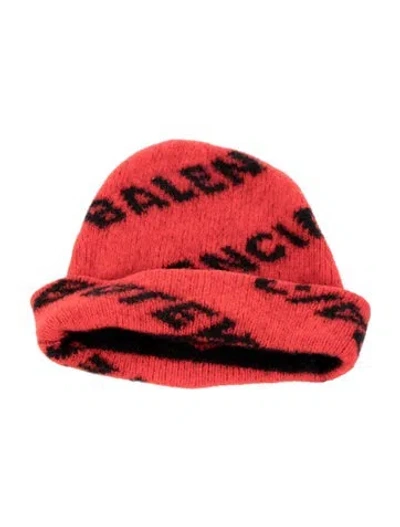 Pre-owned Balenciaga All Over Logo Beanie In Black/red