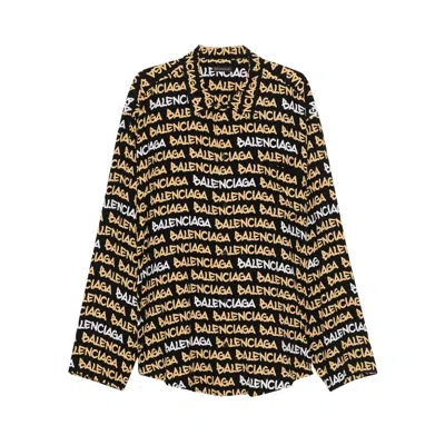Pre-owned Balenciaga All-over Logo Collared Long-sleeve Shirt 'black/beige' | Men's Size 40