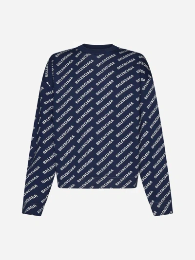 Balenciaga 周身logo混棉毛衣 In Navy,white