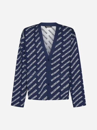 Balenciaga Blue Allover Logo Cotton Cardigan In Navy