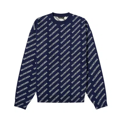 Pre-owned Balenciaga All Over Logo Crew Sweater 'navy' | Blue | Men's Size M