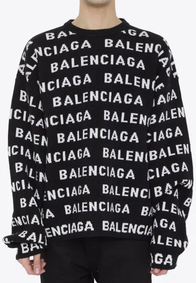 Balenciaga All-over Logo Crewneck Sweater In Black