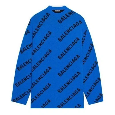 Balenciaga All Over Logo Crewneck Wool Knit Sweater 'blue'