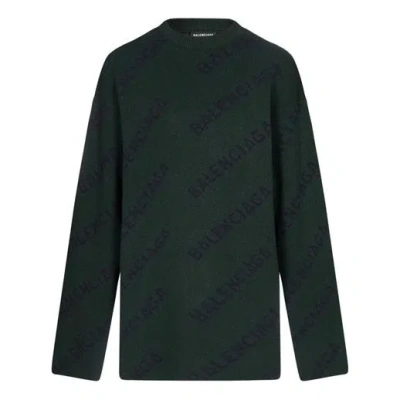 Balenciaga All Over Logo Crewneck Wool Knit Sweater 'dark Green'