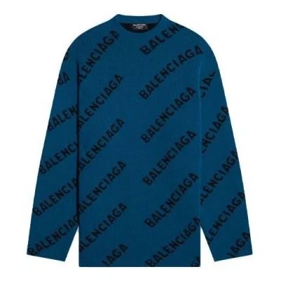 Balenciaga All Over Logo Crewneck Wool Knit Sweater 'petrol Blue'