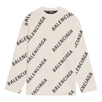 Balenciaga All Over Logo Crewneck Wool Knit Sweater 'white'