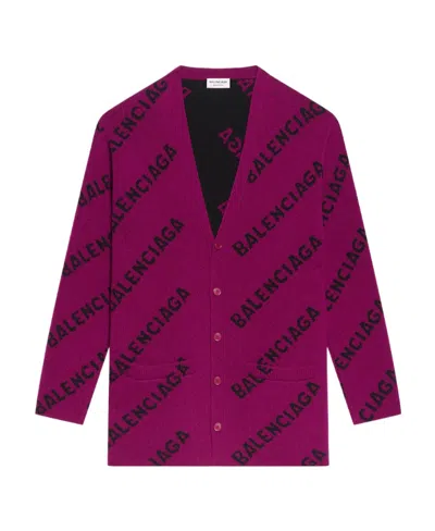 Balenciaga All-over Logo Intarsia Cardigan In Purple