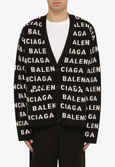 Balenciaga All-over Logo Wool Cardigan In Black