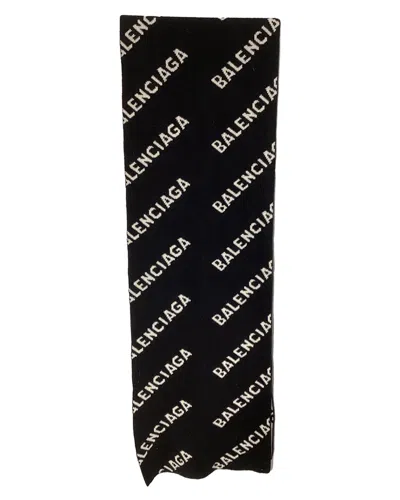 Balenciaga All Over Logo Wool Scarf (authentic Pre-loved) In Black