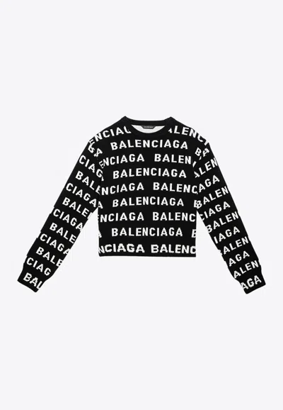 Balenciaga All-over Logo Wool Sweater In Black